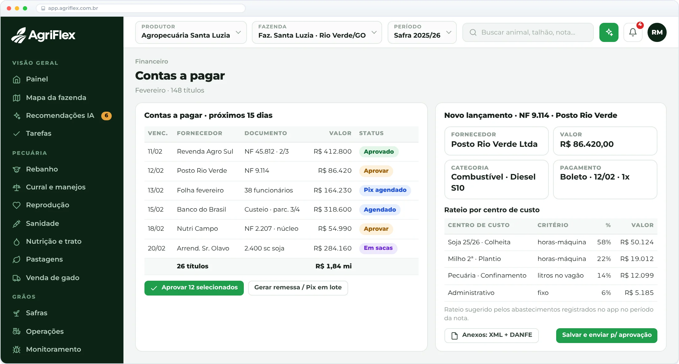 Contas, bancos e conciliação no AgriFlex