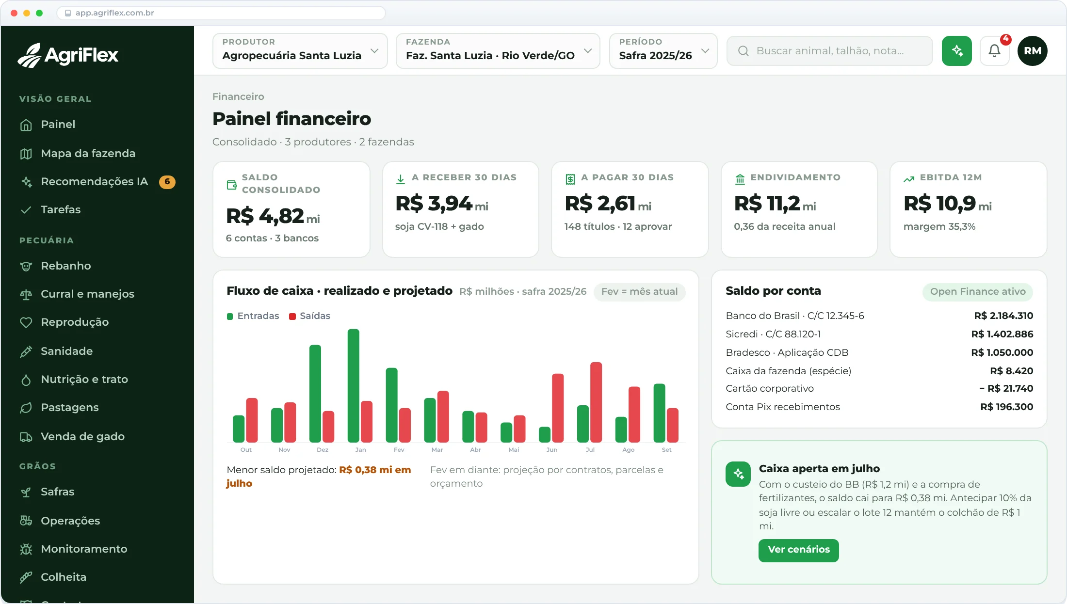 Painel e fluxo de caixa no AgriFlex
